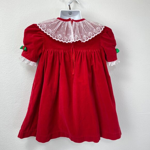 Vintage Girls Red Velvet Dress Lace Collar Puff Sleeve Holiday Christmas Size 4T - Picture 7 of 9